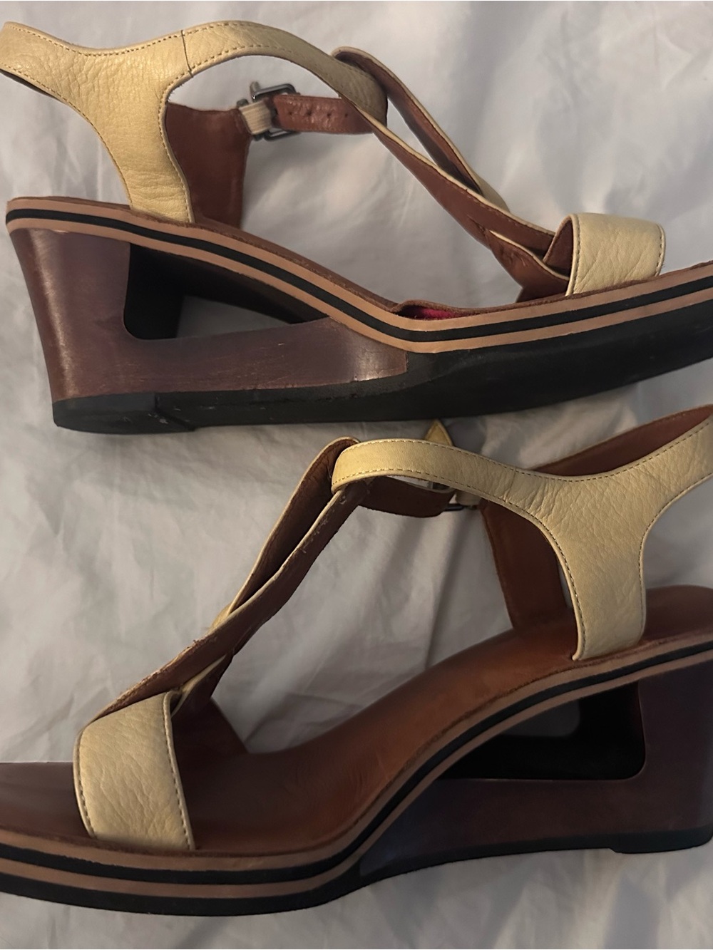 gentle souls Cream and Brown Wedge Sandals